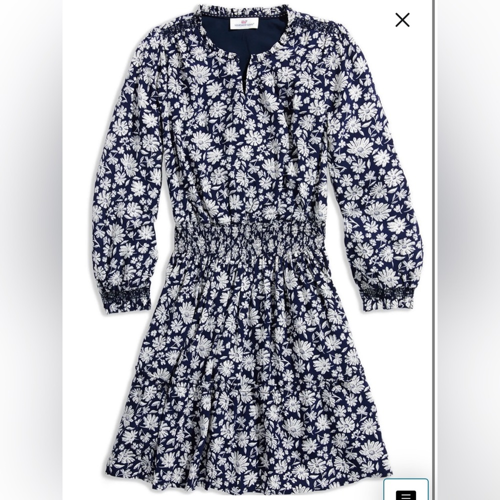 Kids' Long Sleeve Smocked Waist Floral Navy Blue & White Dress vineyard vines S
